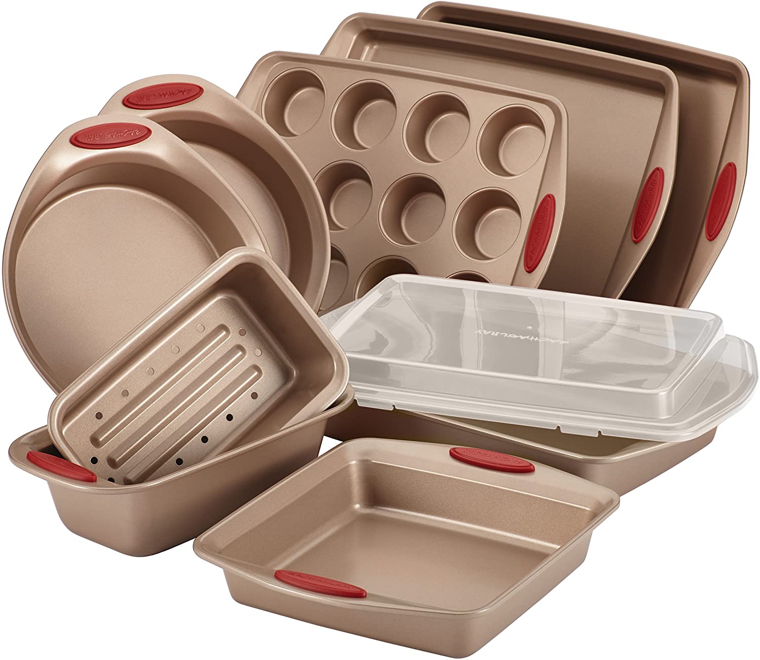 Cucina Non-Stick Bakeware Set (Latte Brown with Cranberry Red Grips)